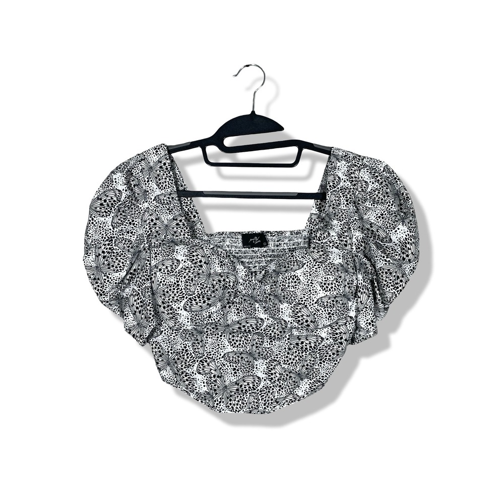 Milk & Honey Square Neck Corset Crop Top Women M Black White Butterfly Boho Cute